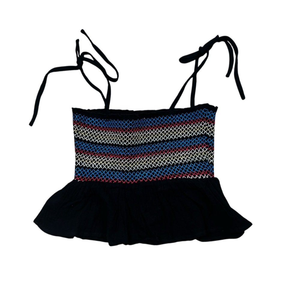 NWT Day + Moon Black Smocked Multicolor Cami Crop Tank Top Peplum Stretch - Picture 9 of 12